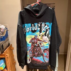 Black Graphic Hoodie Sweatshirt with Motorcycle Skull Design